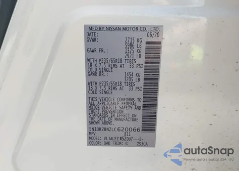 2020 Nissan Pathfinder Sv 2Wd z USA, uszkodzony, nr VIN 5N1DR2BN2LC620066